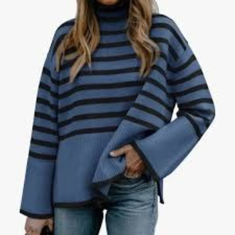 BTFBM Striped Blue & Black Ribbed Knit Turtleneck Sweater XL Warm Oversized